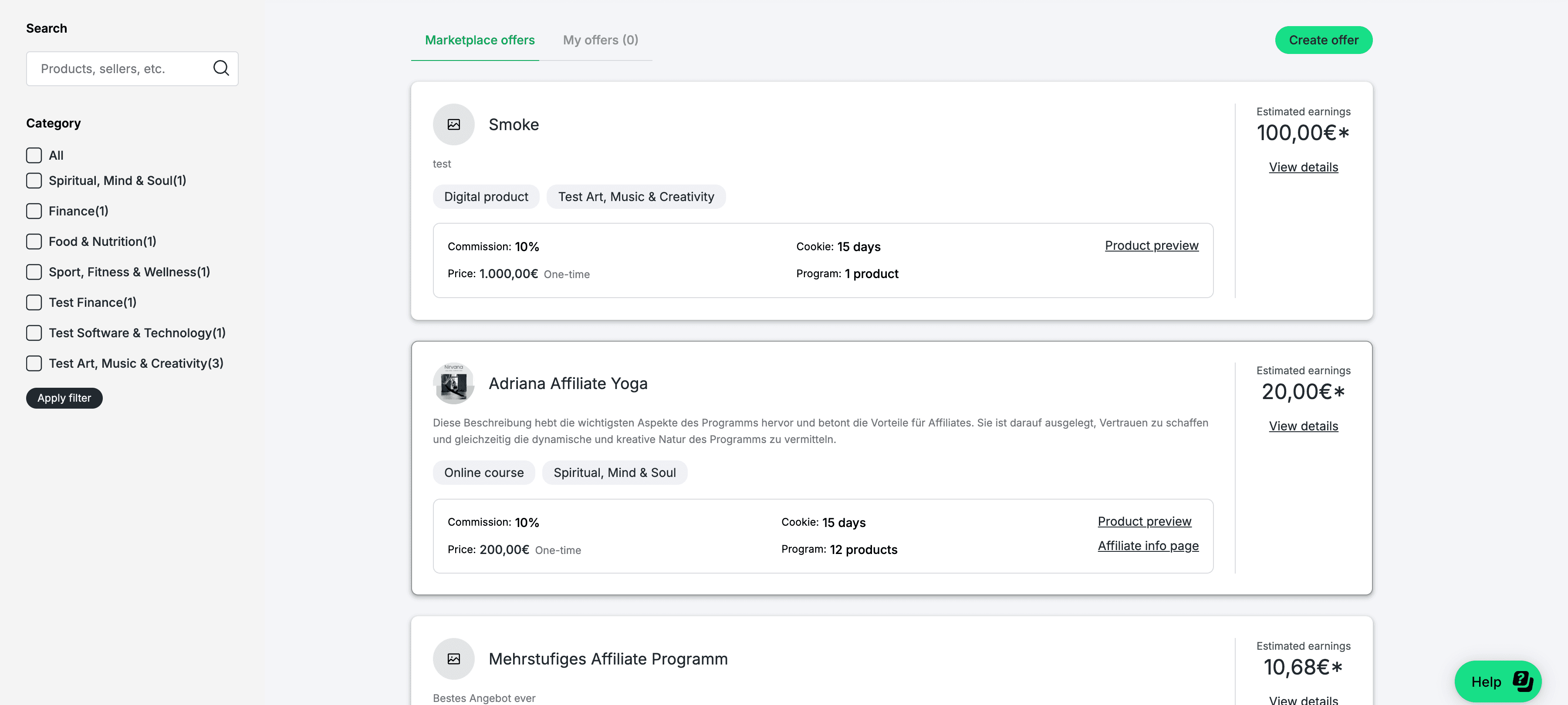 The live marketplace from the seller's side — offer cards with estimated earnings, commission, cookie duration and program size, category filters on the left