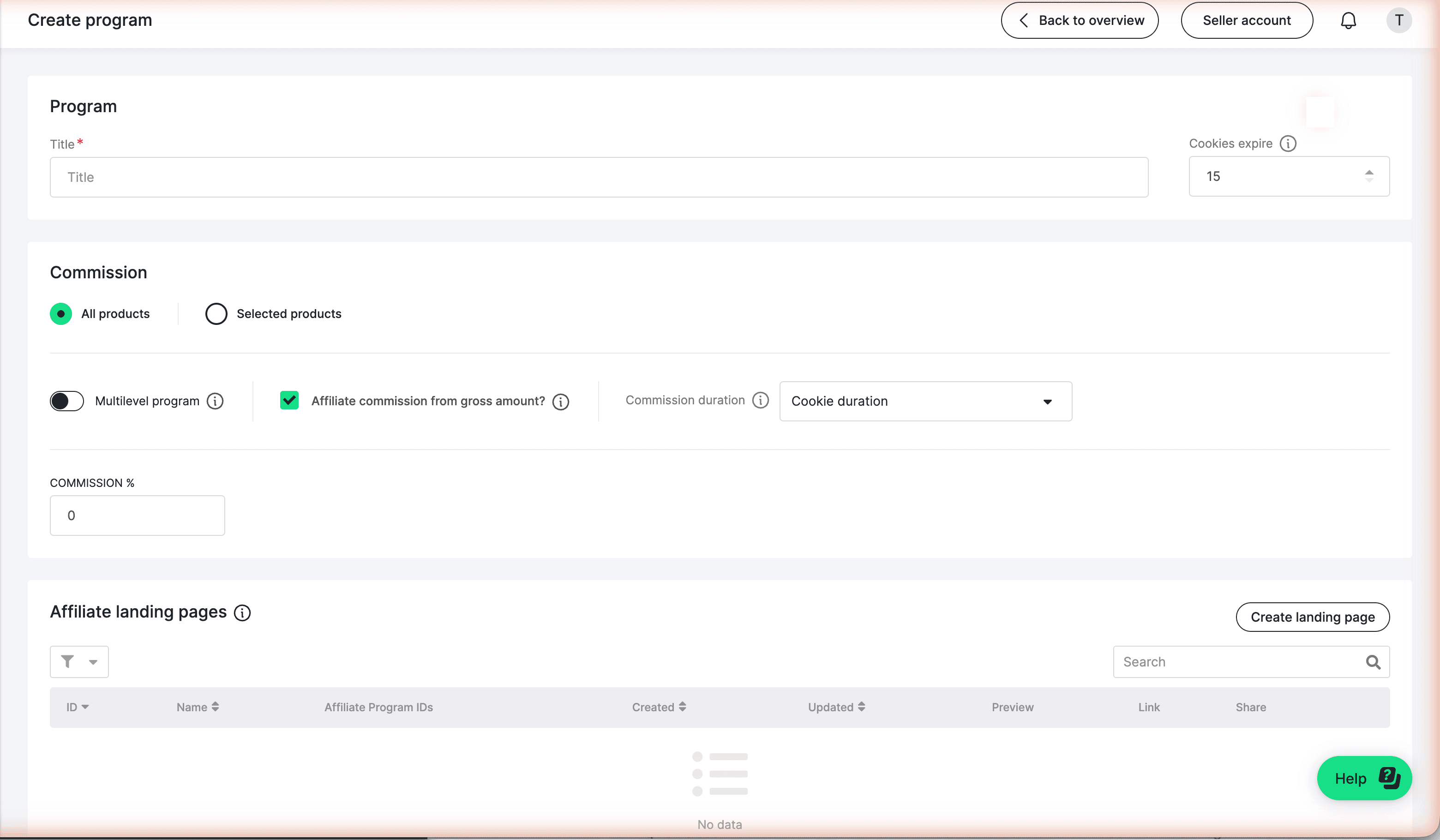 The live program creation form — commission for all or selected products, a multilevel program toggle, commission from gross amount, cookie duration and commission percentage, plus affiliate landing pages