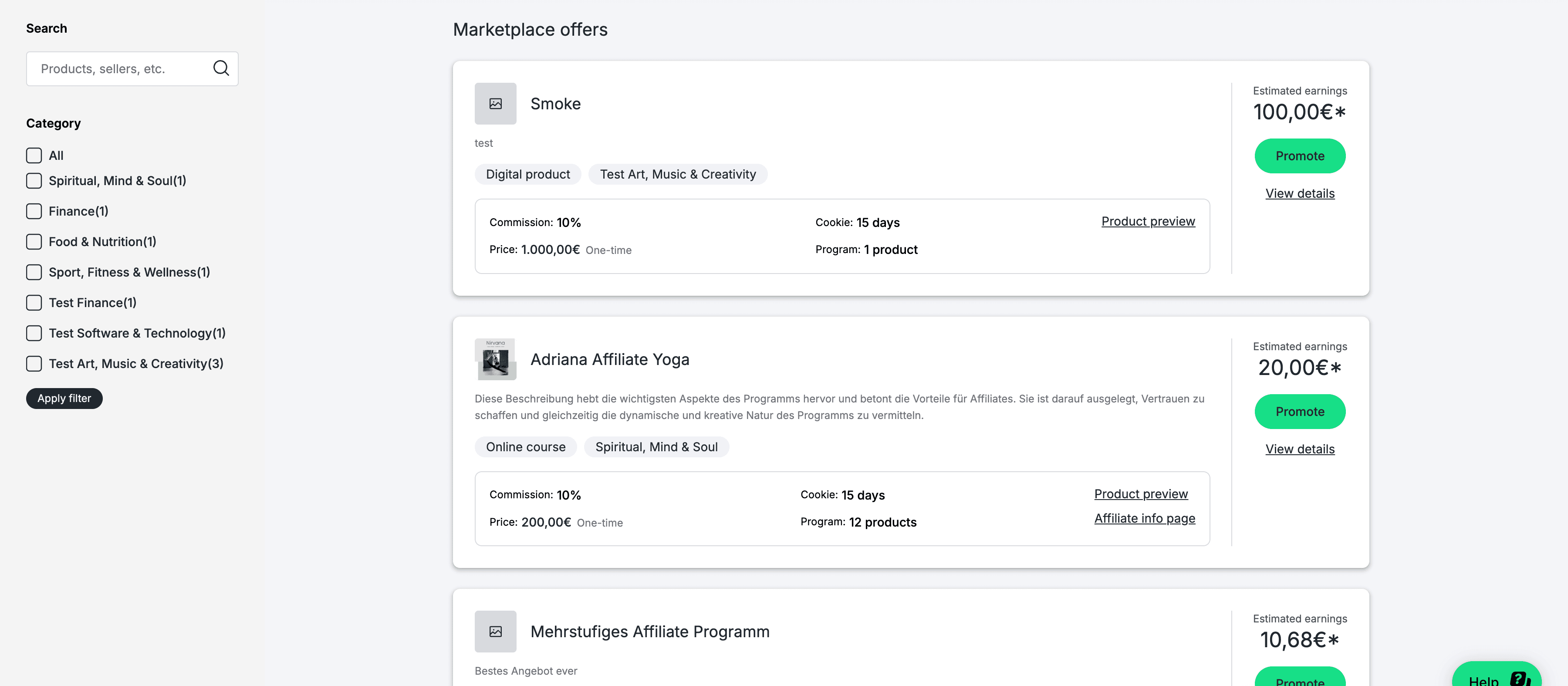 The live marketplace from the affiliate's side — the same offer cards with a Promote action on each