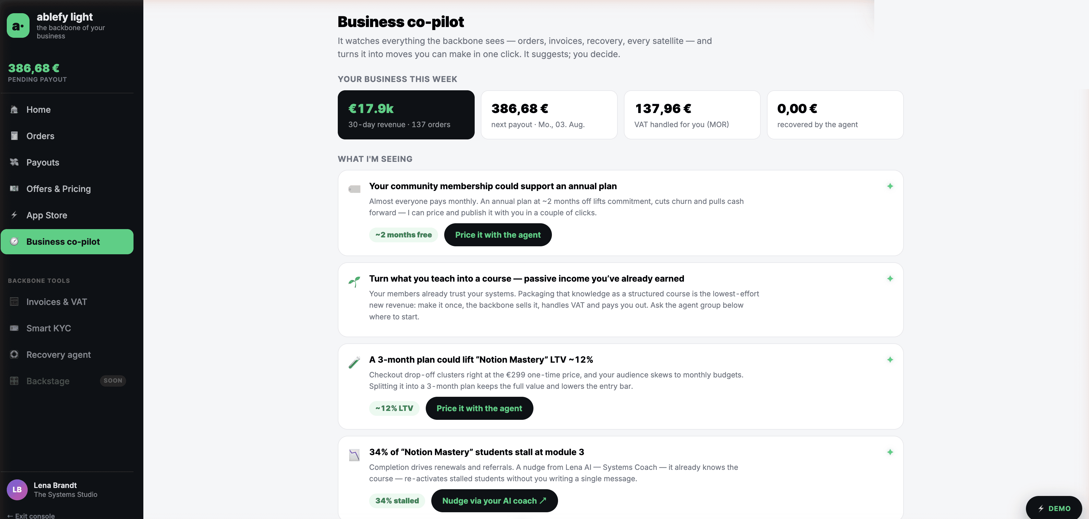 The business co-pilot — a week-at-a-glance KPI strip and a 'what I'm seeing' list of four suggestion cards, each with a plain-language reason and a one-click action like 'Price it with the agent' or 'Nudge via your AI coach'