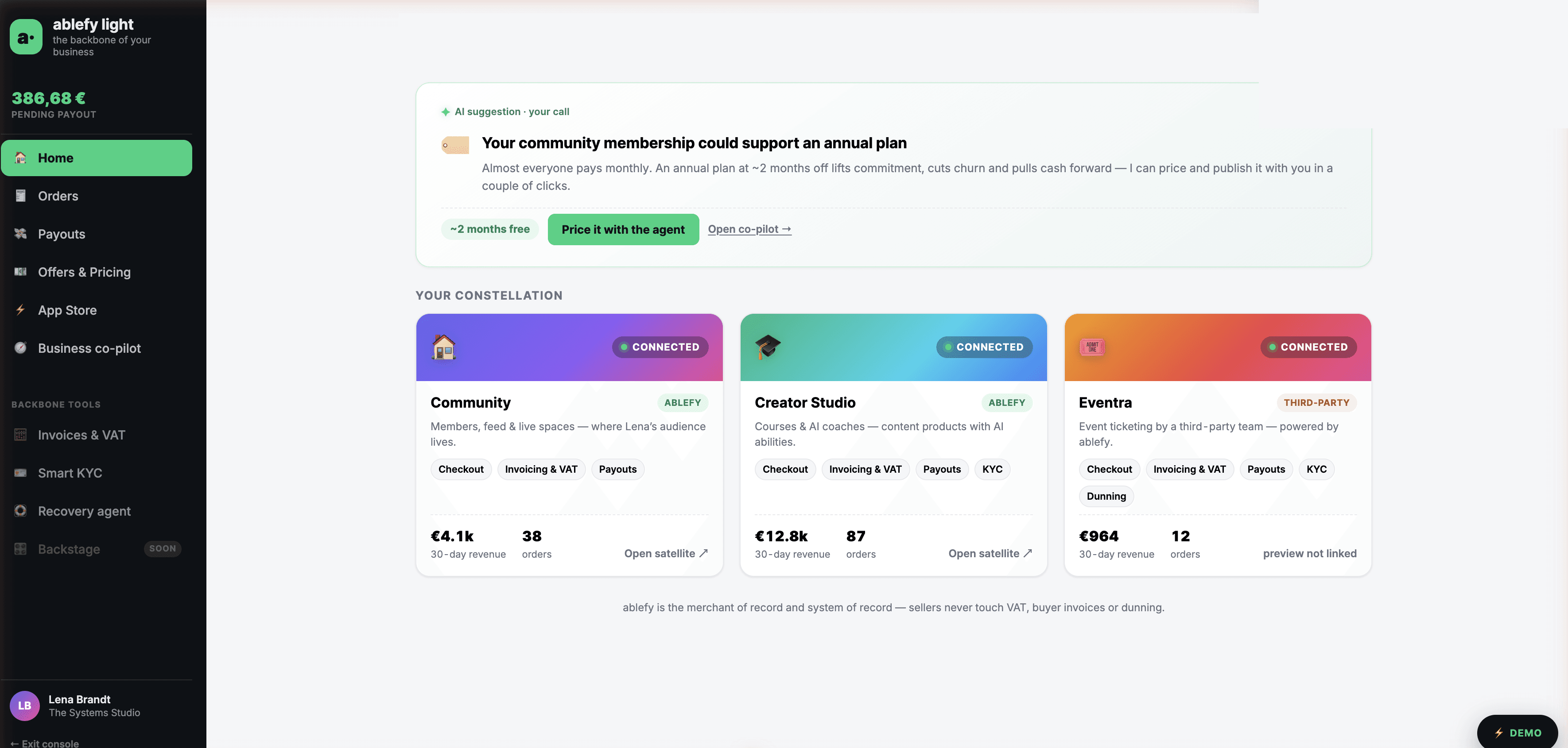 The console home — pending payout, an AI suggestion card labeled 'AI suggestion, your call' proposing an annual community plan, and a constellation of three connected products with their 30-day revenue and orders
