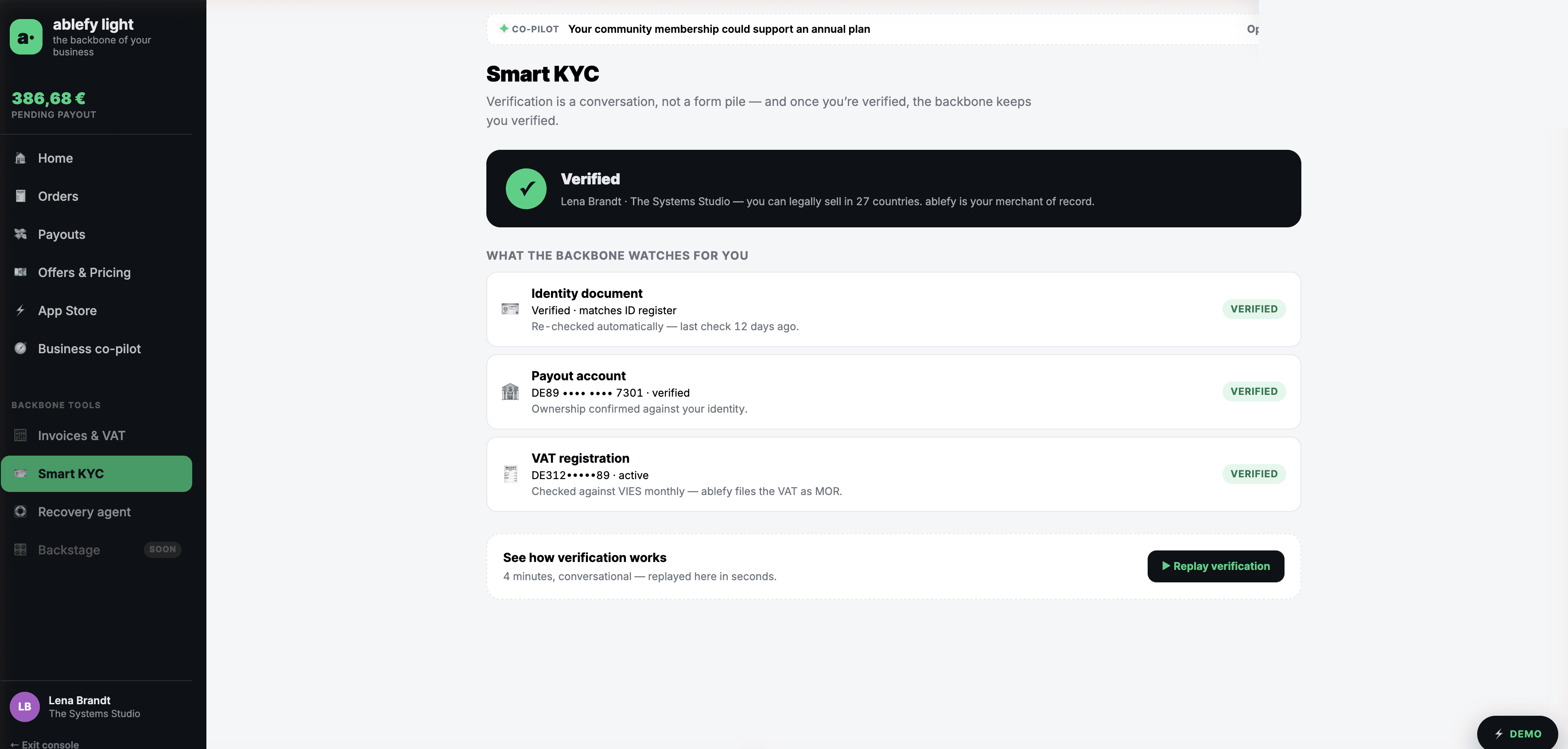 Smart KYC — a Verified banner for the demo seller, and three watched items (identity document, payout account, VAT registration) each marked verified with plain-language explanations