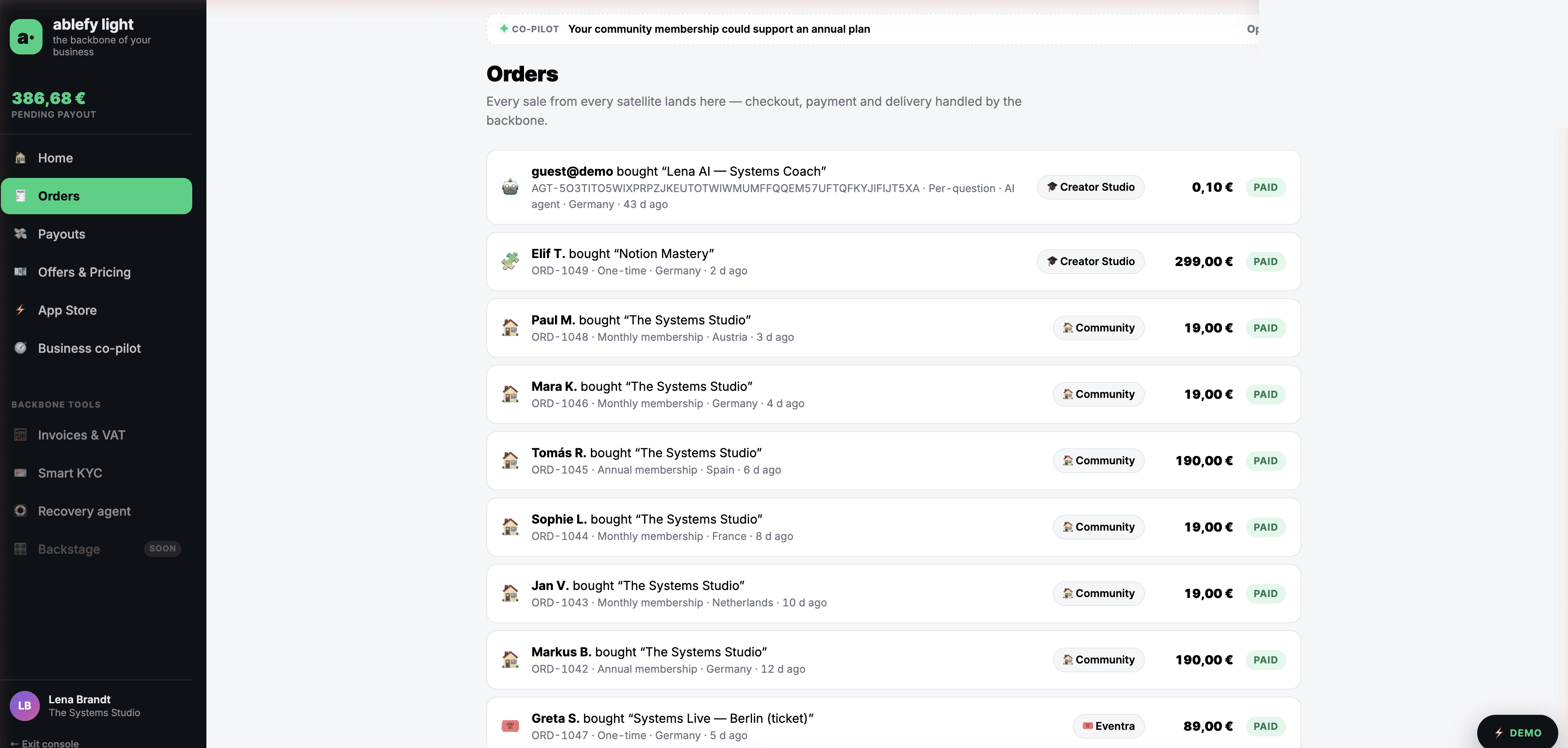 The orders feed — sales from three different satellite products in one list, including an AI agent's 0.10 euro per-question purchase, each with product chip, price and PAID status
