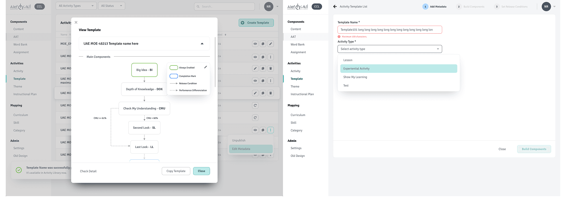 Alef Author production screens — template library with the View Template branching flow, and the Add Metadata wizard step
