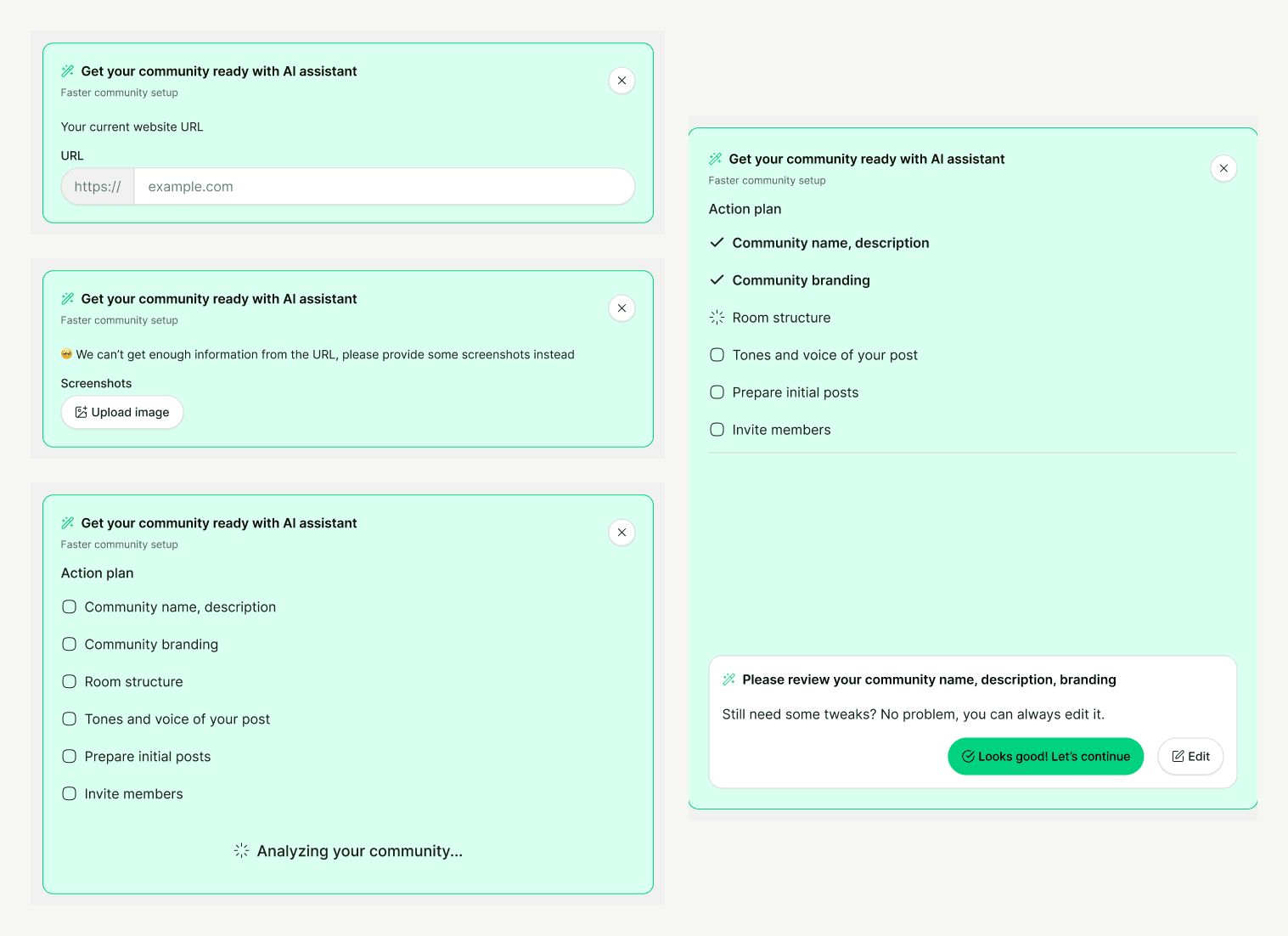 Four designed states of the AI setup banner, exported from the Figma file: the URL ask, the failed extraction offering a screenshot upload instead, the analyzing wait against the action plan, and the review gate with keep-or-edit