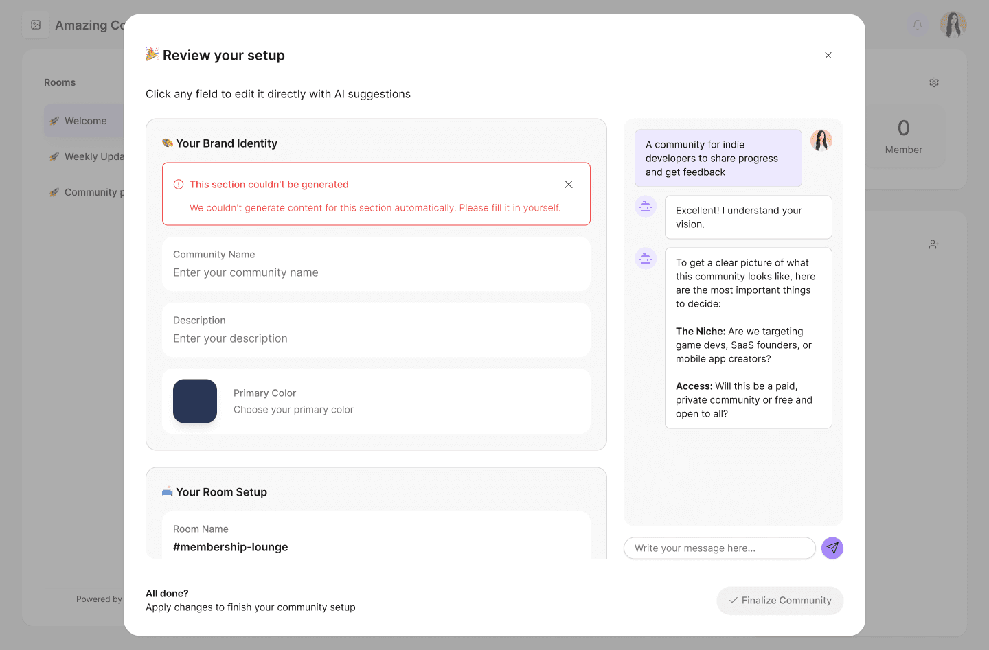 The shipped review-your-setup modal with one section marked 'This section couldn't be generated — we couldn't generate content for this section automatically, please fill it in yourself', while the generated sections around it stay editable