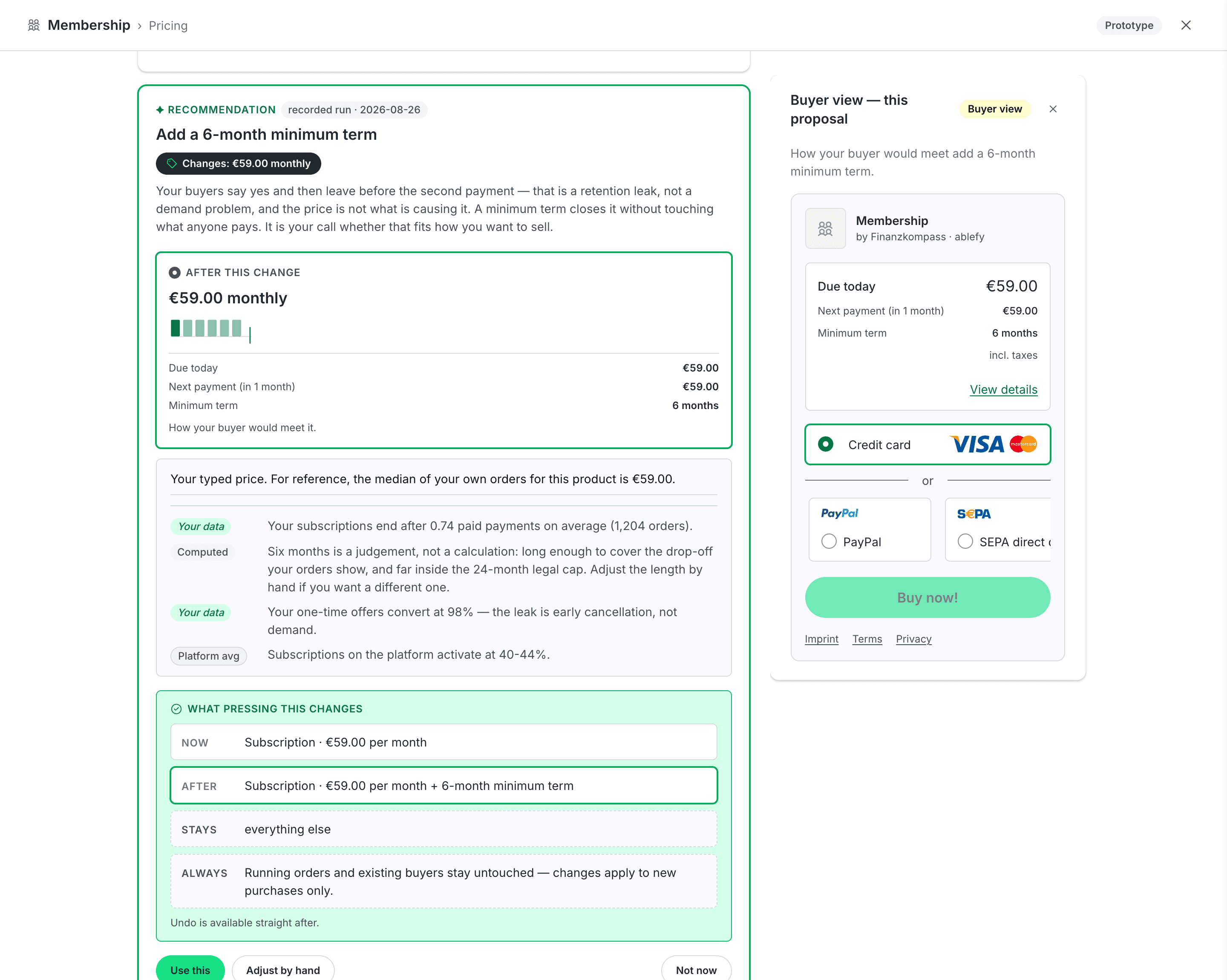 The pricing advisor prototype inside a recreated cabinet shell — a recommendation card for a pseudonymised seller's membership, “Add a 6-month minimum term”, with the plan shown as the buyer would meet it; below it a basis block where each row names its source: Your data, Computed — “Six months is a judgement, not a calculation” — and Platform avg; then a “What pressing this changes” panel listing now, after, stays and always; on the right, the buyer view of the same proposal