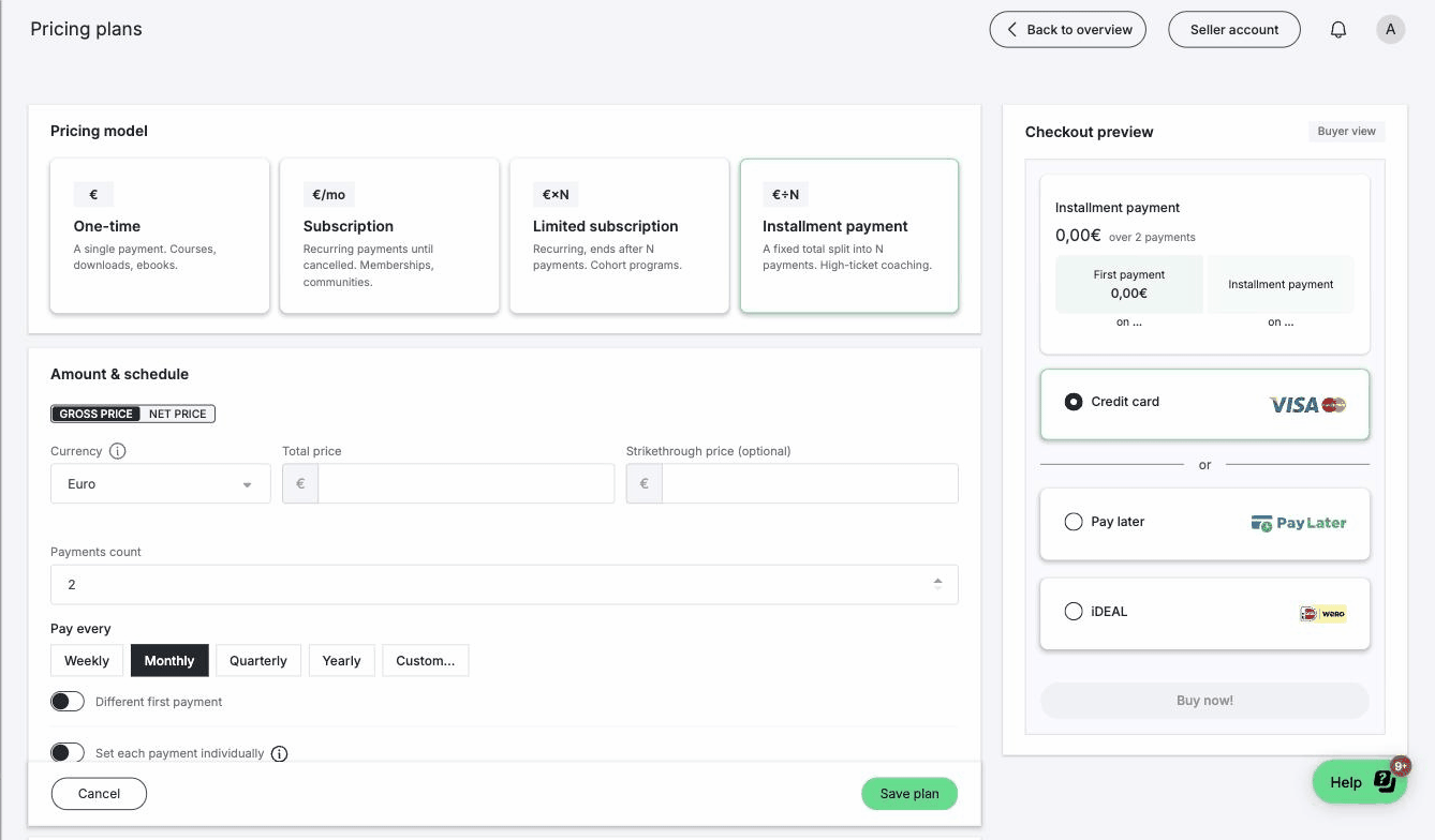 The redesigned pricing form prototype — pricing model cards first, then amount and schedule, with a live checkout preview panel fixed on the right