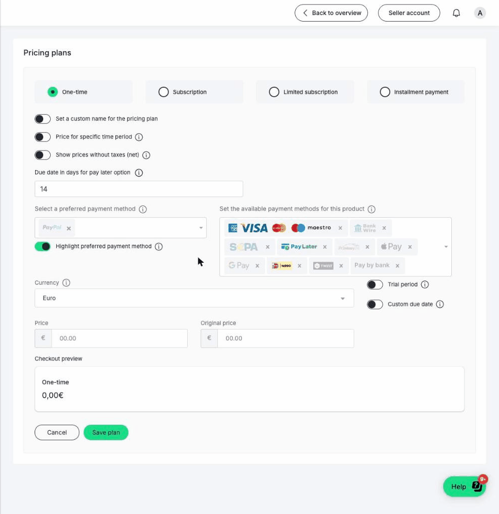 The old pricing form — toggles and optional settings above the price field, payment methods in two separate fields, checkout preview at the bottom of the page