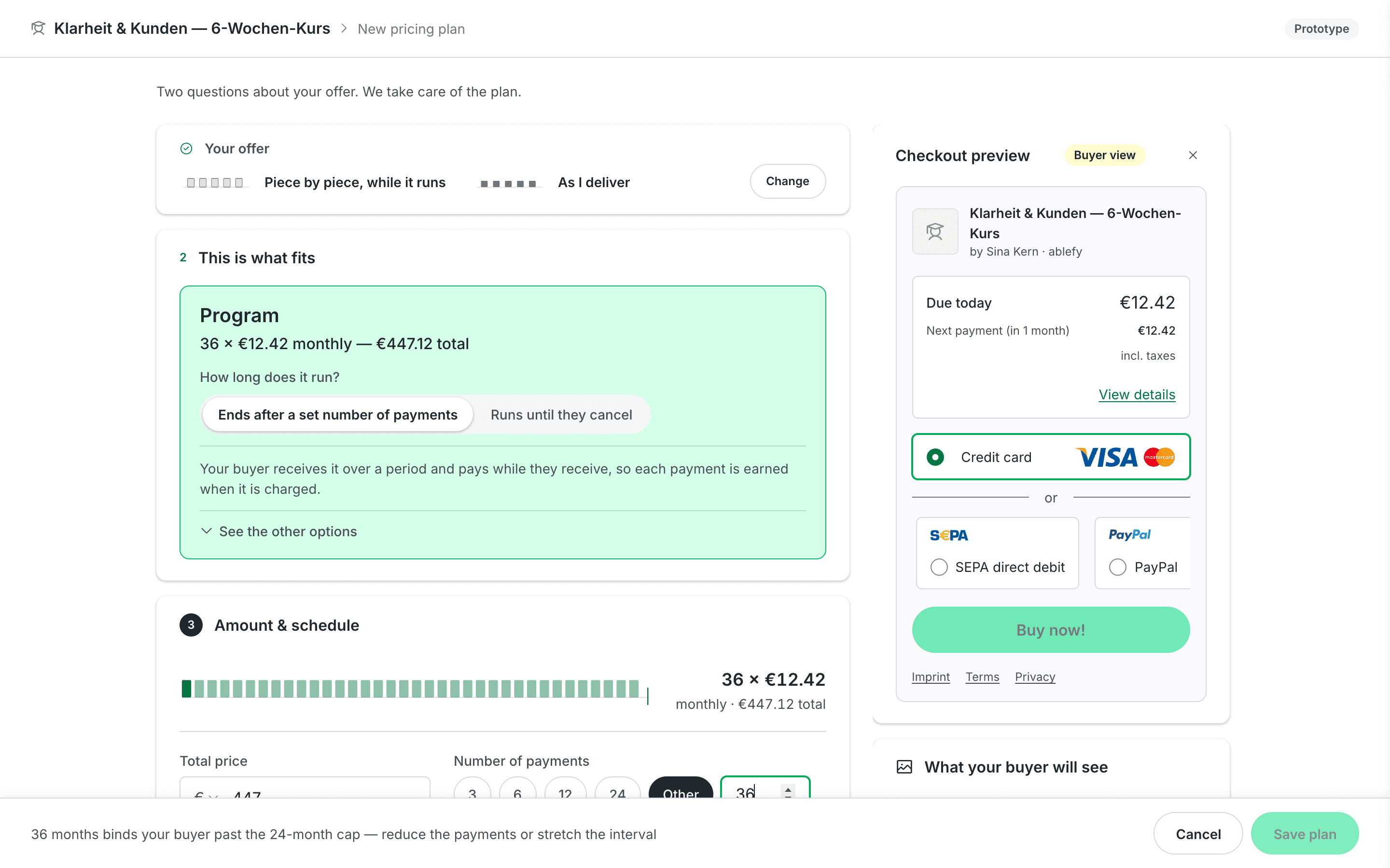 Door B with the number of payments set to 36 — the result reads “36 × €12.42 monthly”, the footer says “36 months binds your buyer past the 24-month cap — reduce the payments or stretch the interval”, and the Save plan button is disabled