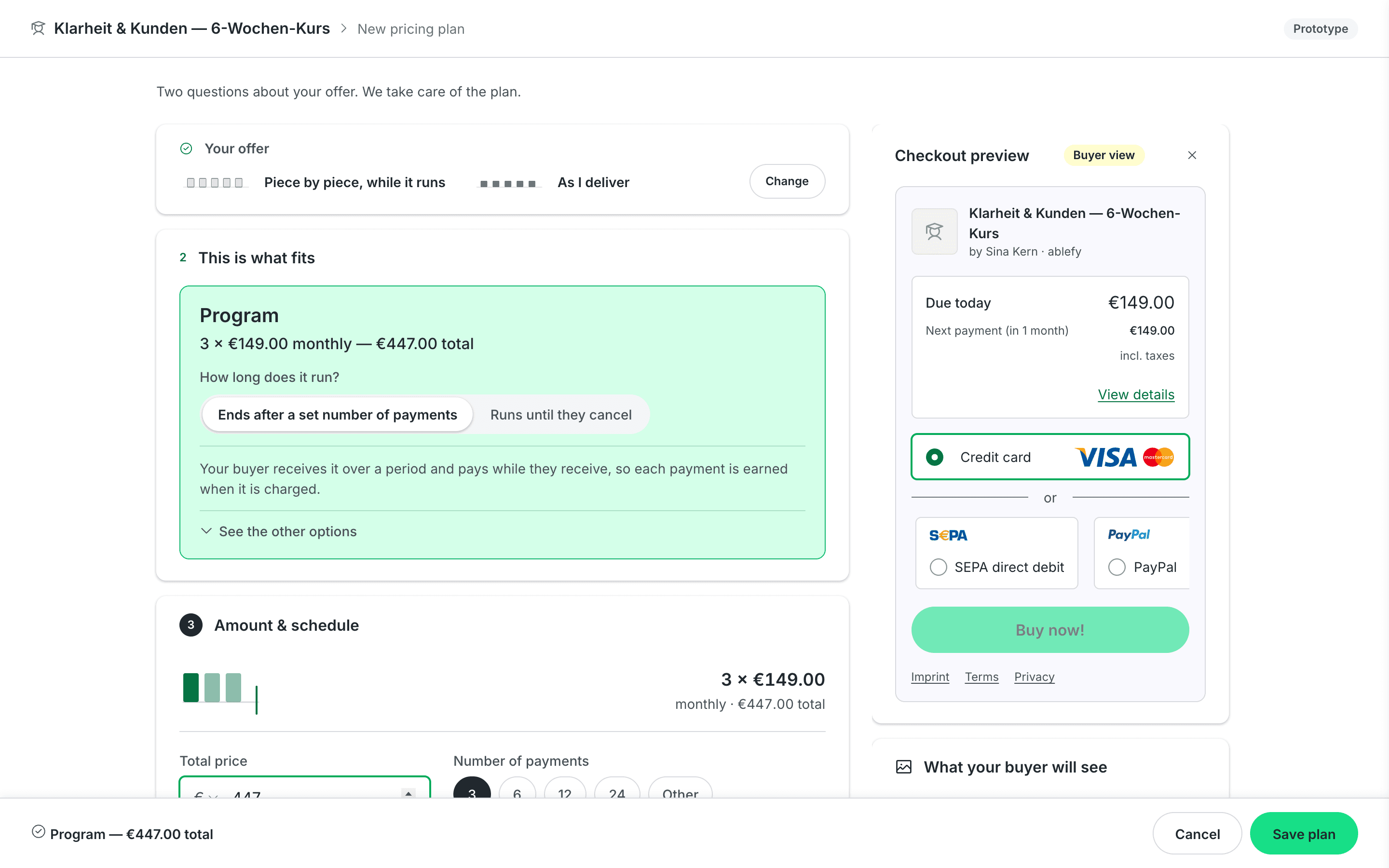 Door B after both questions are answered — the answered step folds to one row, a green card names the result “Program — 3 × €149.00 monthly, €447.00 total” with a fixed-length or runs-until-cancel switch and a one-line reason, and the checkout preview on the right shows what is due today