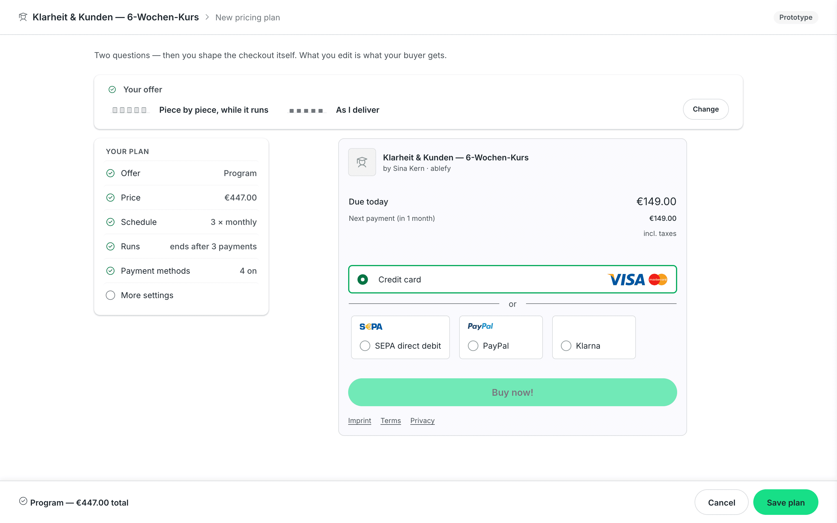 The other test arm — the buyer's checkout page as the editing surface, with a side rail listing offer, price, schedule, run length and payment methods, and the checkout itself showing what is due today and the payment methods