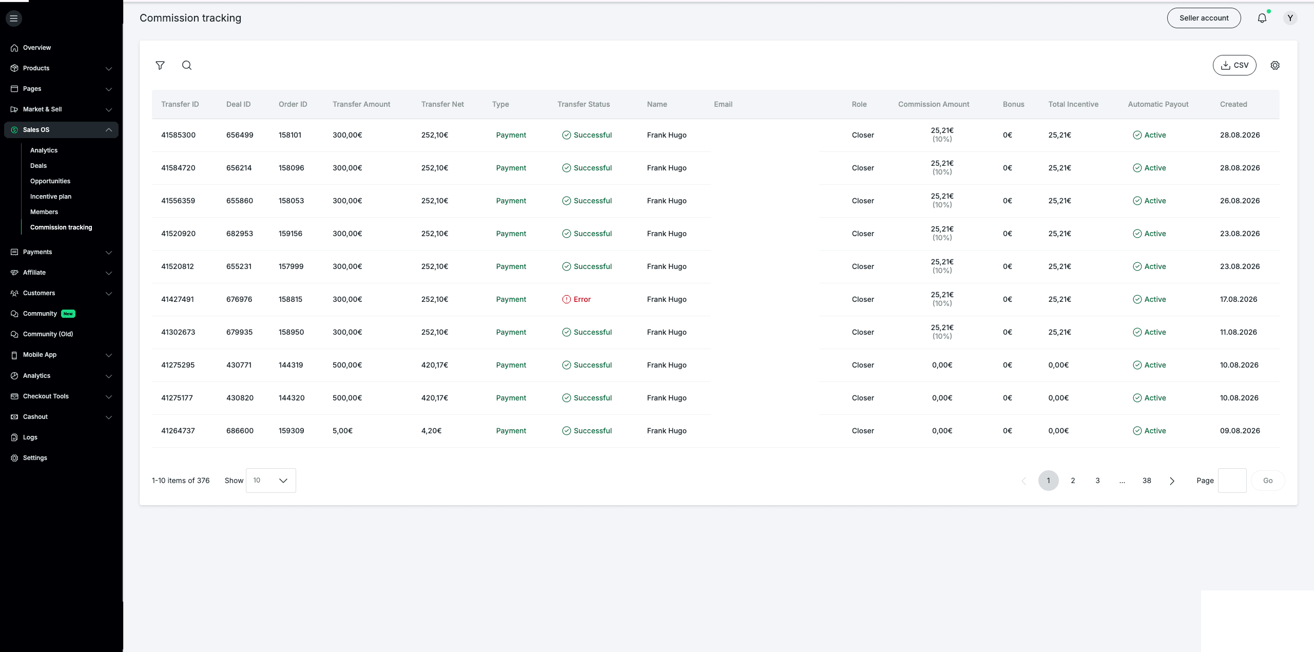 The live commission tracking table — per-transfer rows with commission percentage, bonus, total incentive, transfer status including an error state, role and automatic payout state