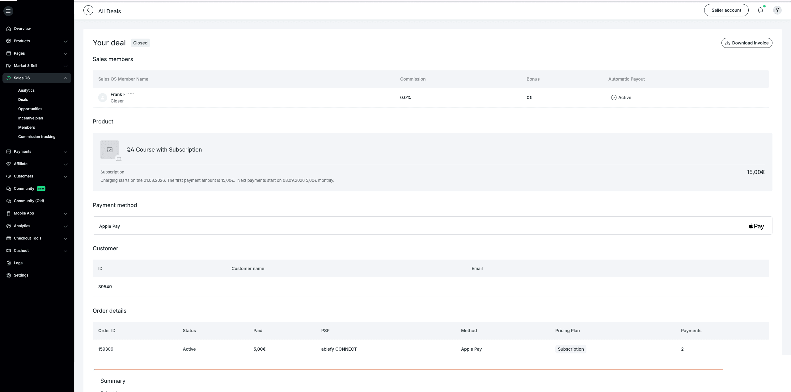 The same deal surface live in the product today — a closed deal with sales members, their commission and automatic payout state, the subscription plan in plain language, payment method, customer and order details