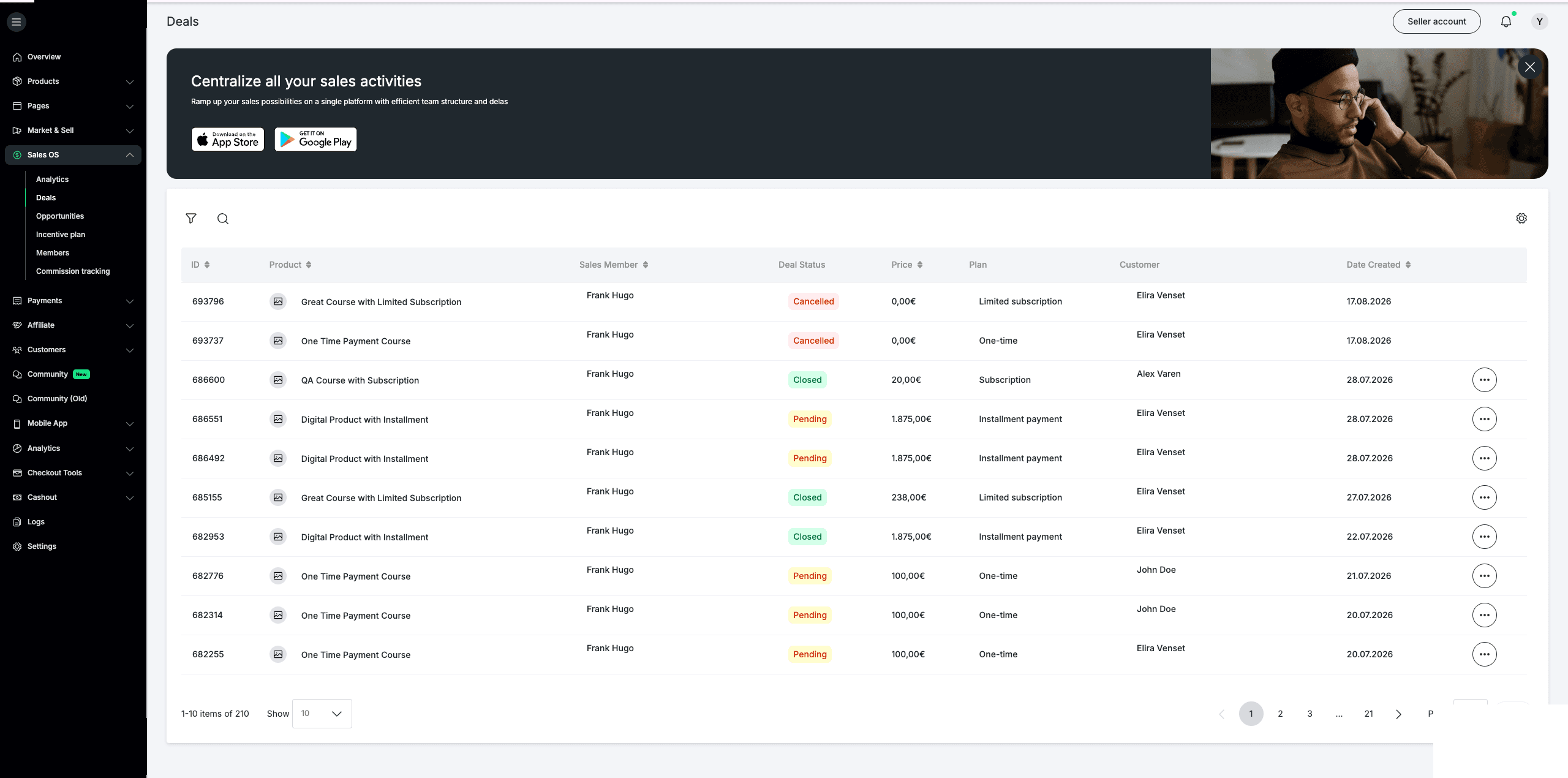 The live deals list — 210 test deals with status chips for cancelled, closed and pending, plan types from one-time to installment to limited subscription, sales member and customer columns