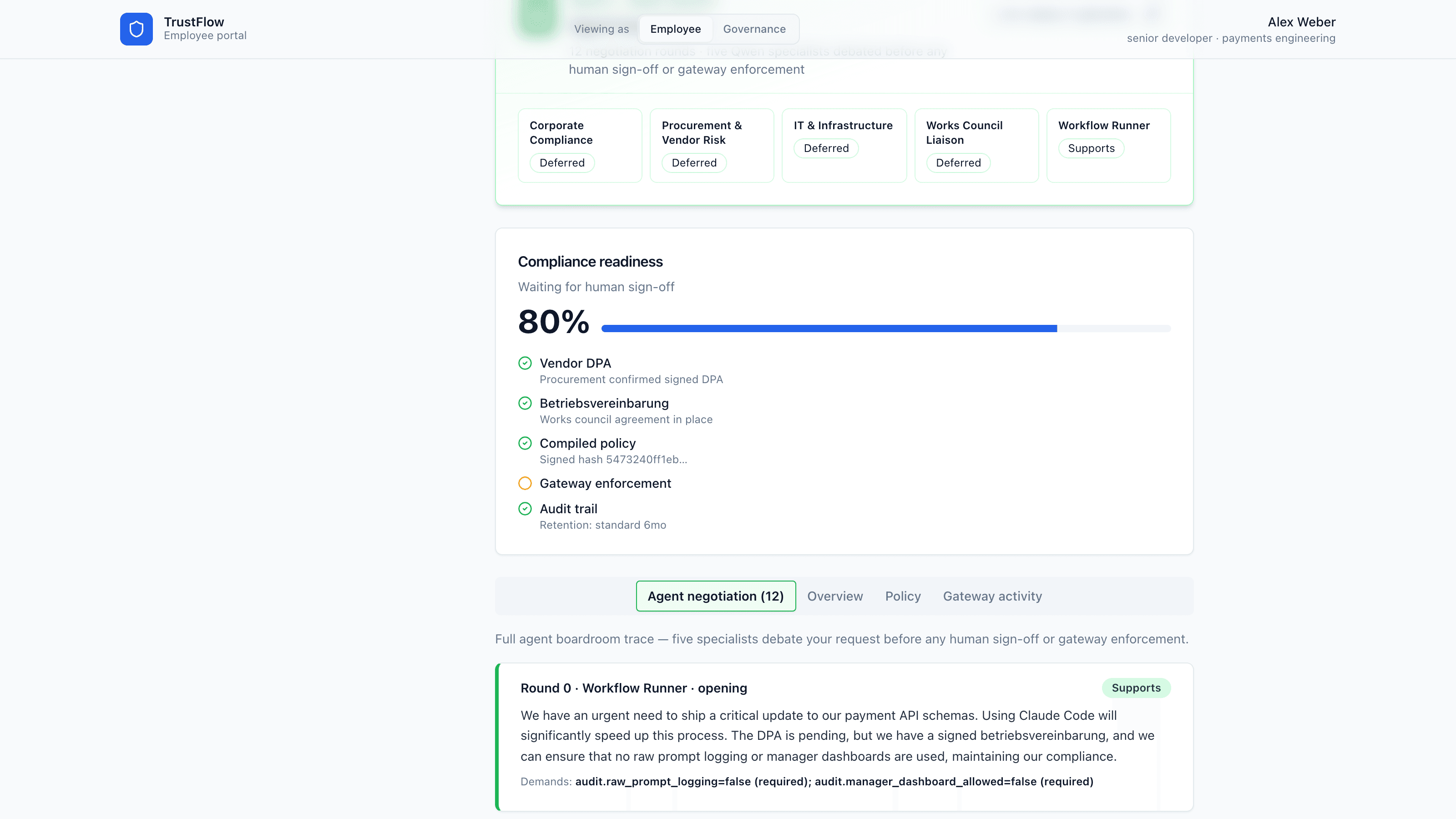 TrustFlow employee portal — compliance readiness at 80% waiting for human sign-off, with signed vendor DPA, works-council agreement and compiled policy hash, and the full five-agent negotiation trace below