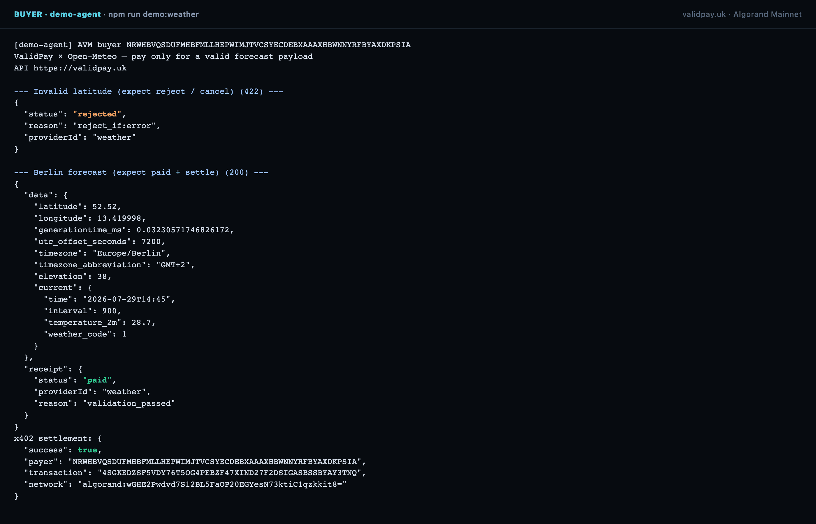 Buyer terminal running the weather demo — an invalid-latitude call returns status rejected with reason reject_if:error and no charge, a Berlin forecast returns paid with validation_passed and an x402 settlement block naming the Mainnet transaction