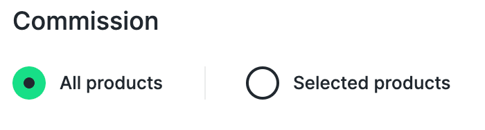 Close-up of the commission section header with radio buttons: all products or selected products