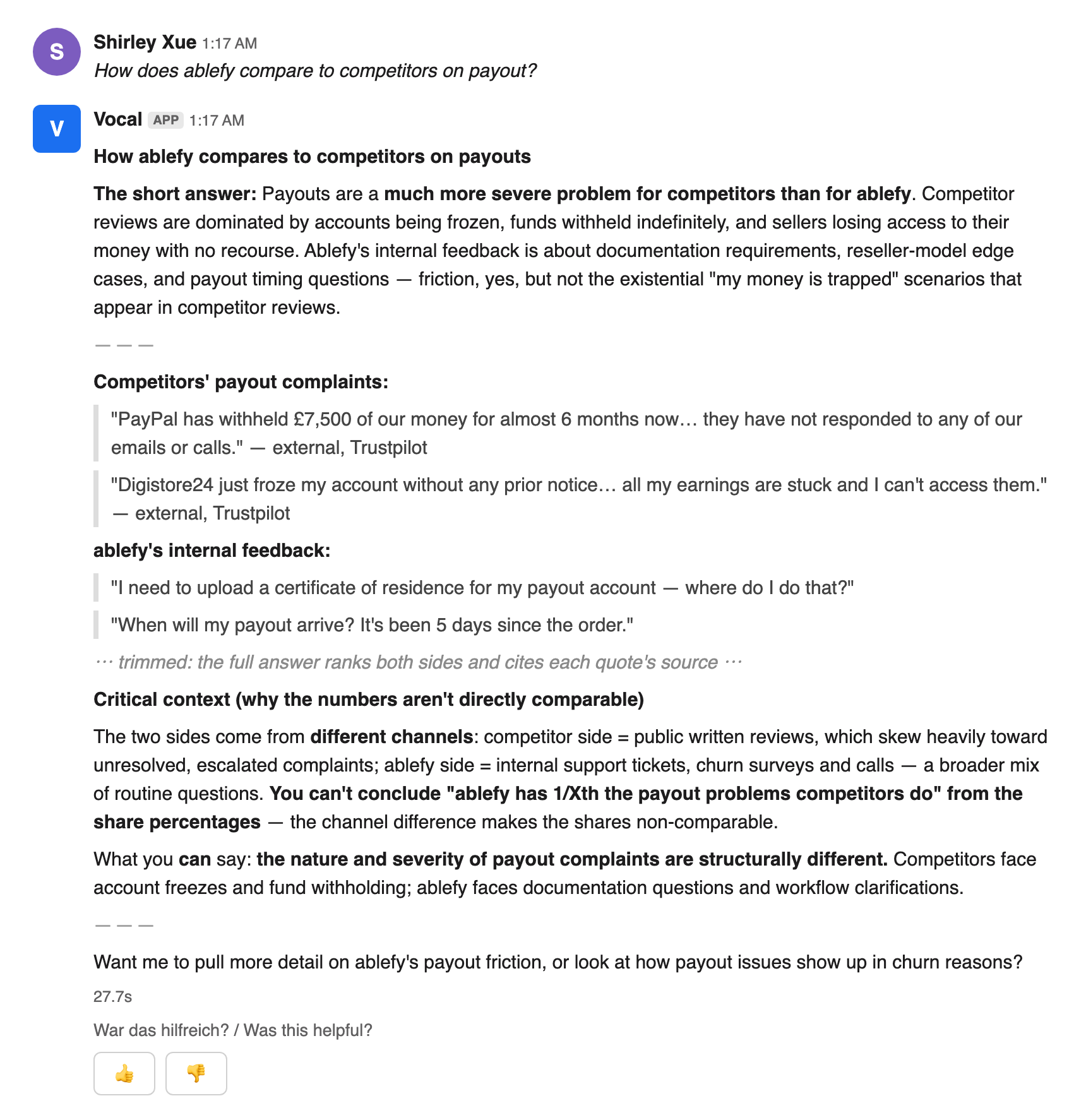 A real exchange with the Ask agent in Slack: asked how ablefy compares to competitors on payouts, it answers with public competitor review quotes, internal question themes, an explicit warning that the two sides' numbers are not comparable, and a thumbs-up-or-down feedback row